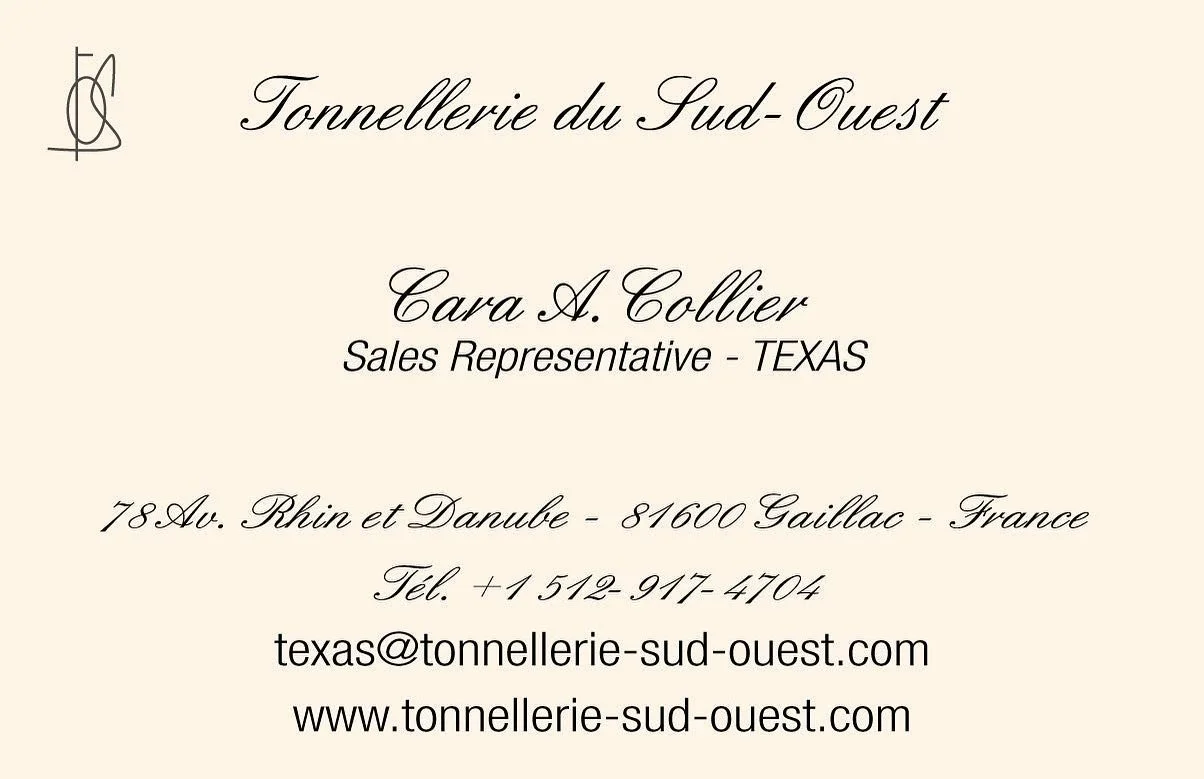 Serving TEXAS Winemakers of the finest wines with embers toasted  French Oak &amp; Acacia. We offer direct drop ship to the Hill Country via HOUSTON. Happy &amp; Blessed Harvest 2022 🍇! Cara A. Collier 512-917-4704 texas@TONNELLERIES-SUD-OUEST.COM