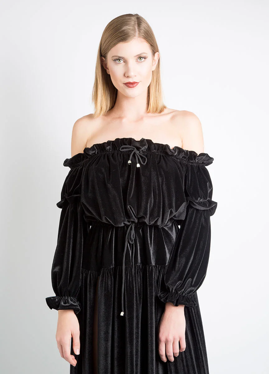 Long ruffled velvet dress from Mina Binebine's Première Édition.
