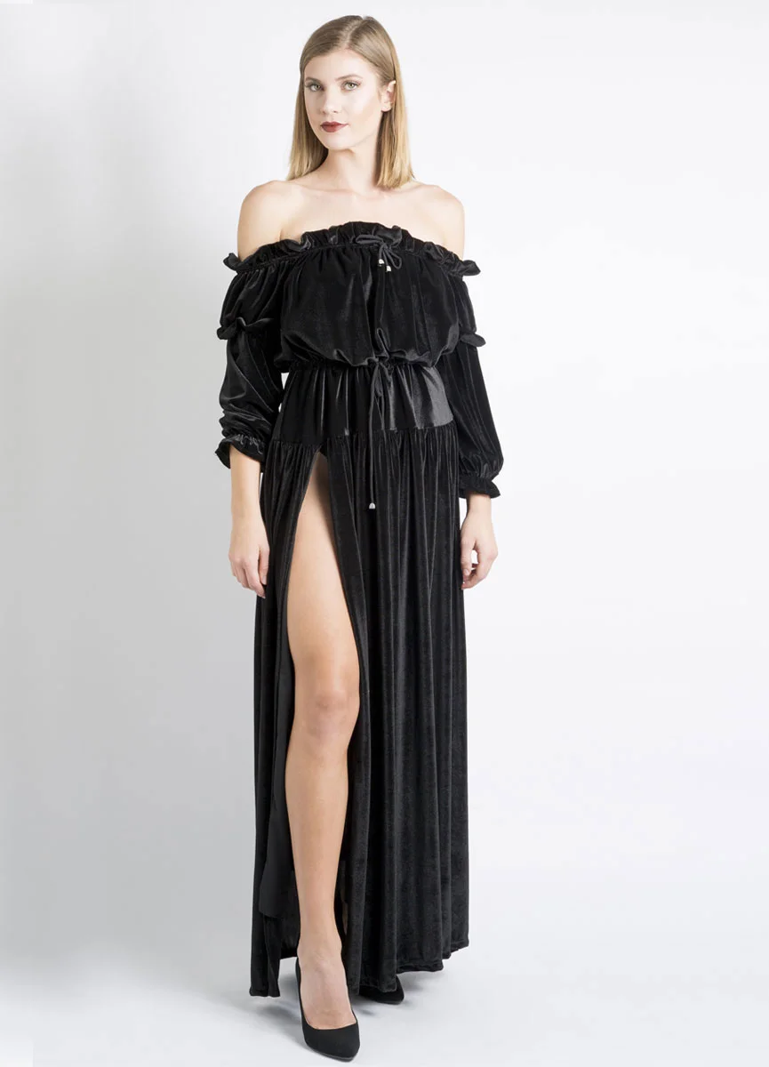 Black long sleeve velvet dress from Mina Binebine's Première Édition.