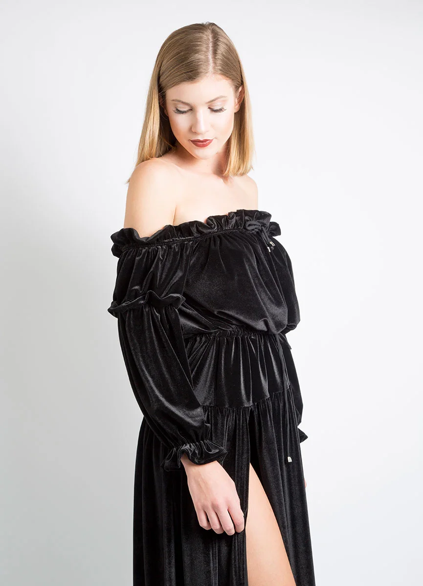 Black velvet dress from Mina Binebine's Première Édition.