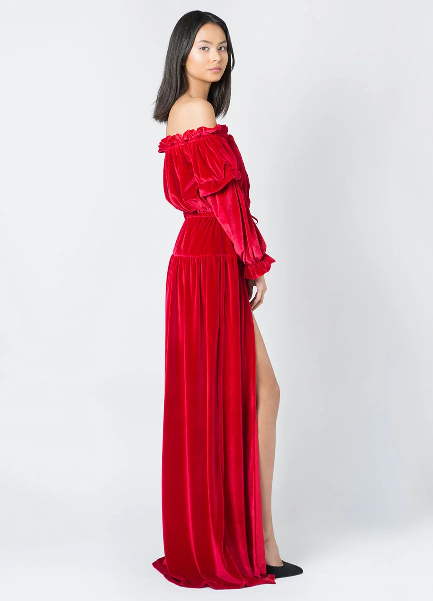 Long velvet dress from Mina Binebine's Première Édition.