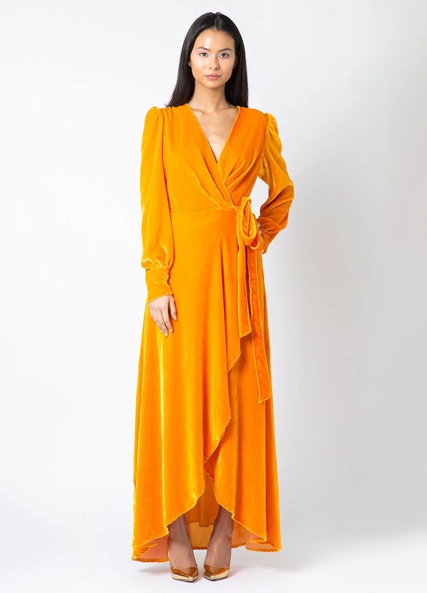 Yellow wrap dress from Mina Binebine's Première Édition.