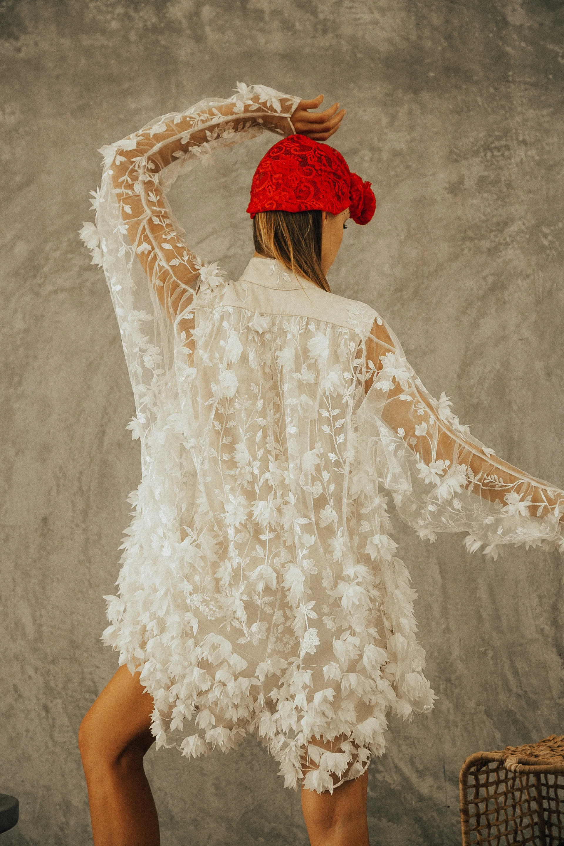 See-through floral shirt with silk lining from Mina Binebine's 'One of a Kind' collection.