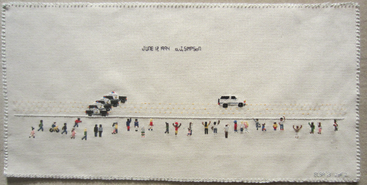 Elsa's cross-stitched depiction of the June 12, 1994 highway pursuit of O.J. Simpson.