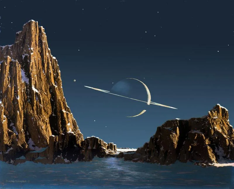 Saturn, As Seen from Titan (1944). Image credit: Bonestell.org