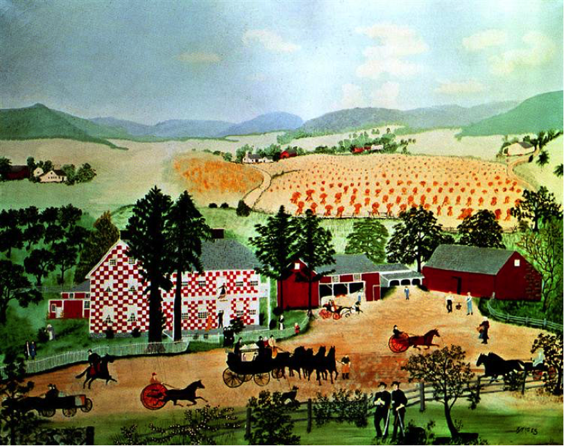 Checkered House , Grandma Moses (1943). Image credit: https://www.wikiart.org/en/grandma-moses/checkered-house-1943 . 