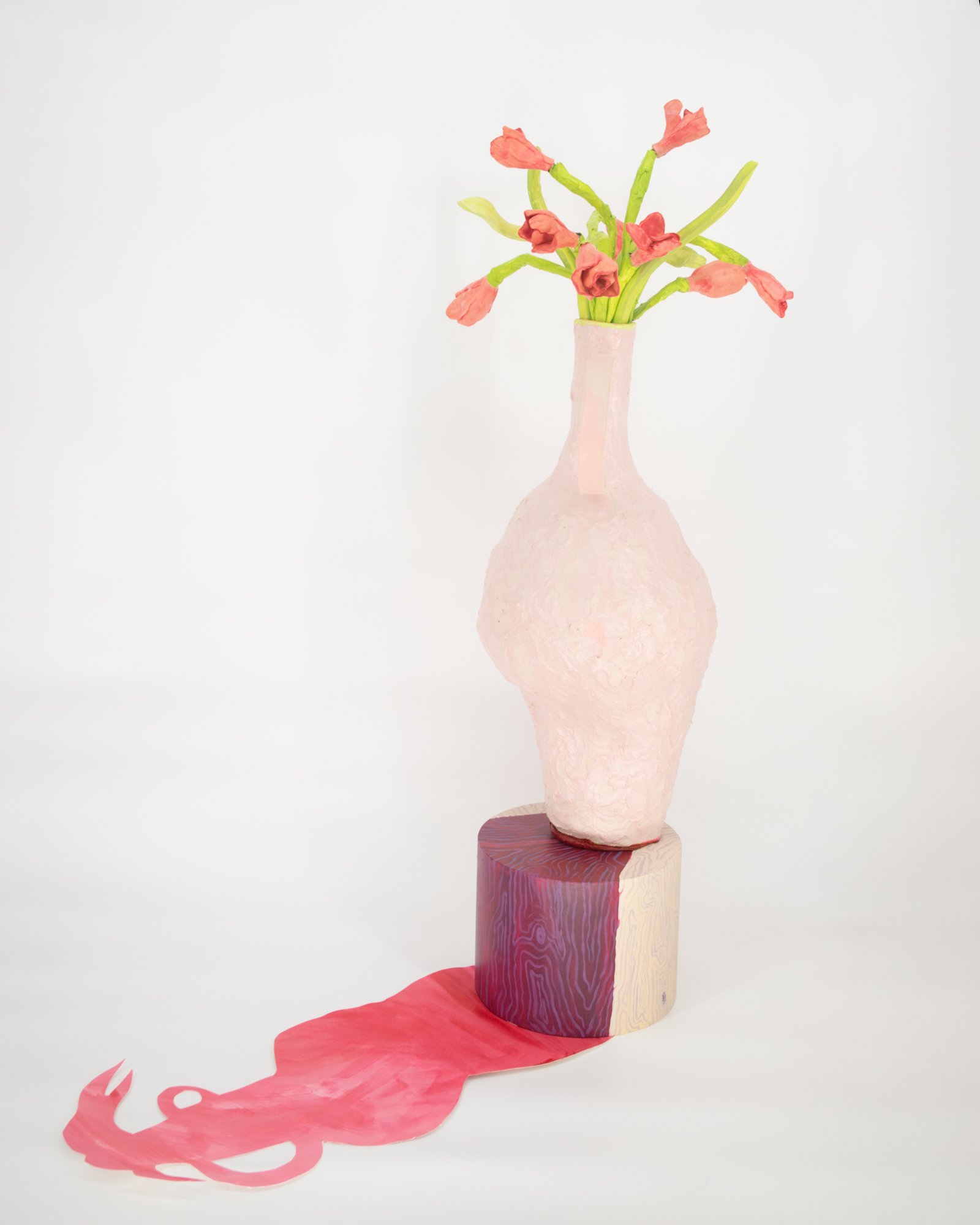 Tulip Gal, paper clay and glaze, wood, paper mache and acrylic paint, 46 x 21 x 17 inches, 2023