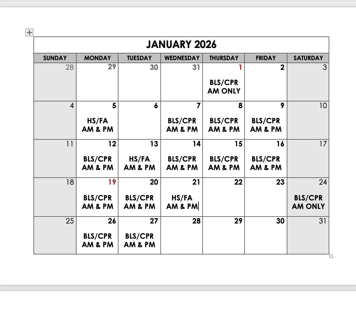 January PM Class - BLS &amp; CPR OR HeartSaver &amp; First Aid