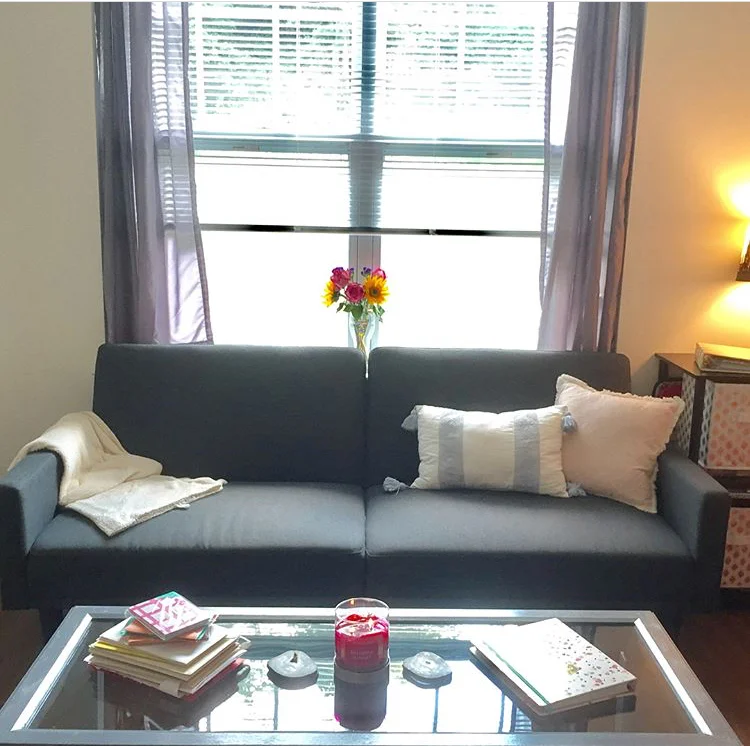 When we first moved in, we had NO couches besides a white chair. We had $200 for Target and used it to buy this futon. It was perfect for just us two and went into an extra bed.&nbsp;