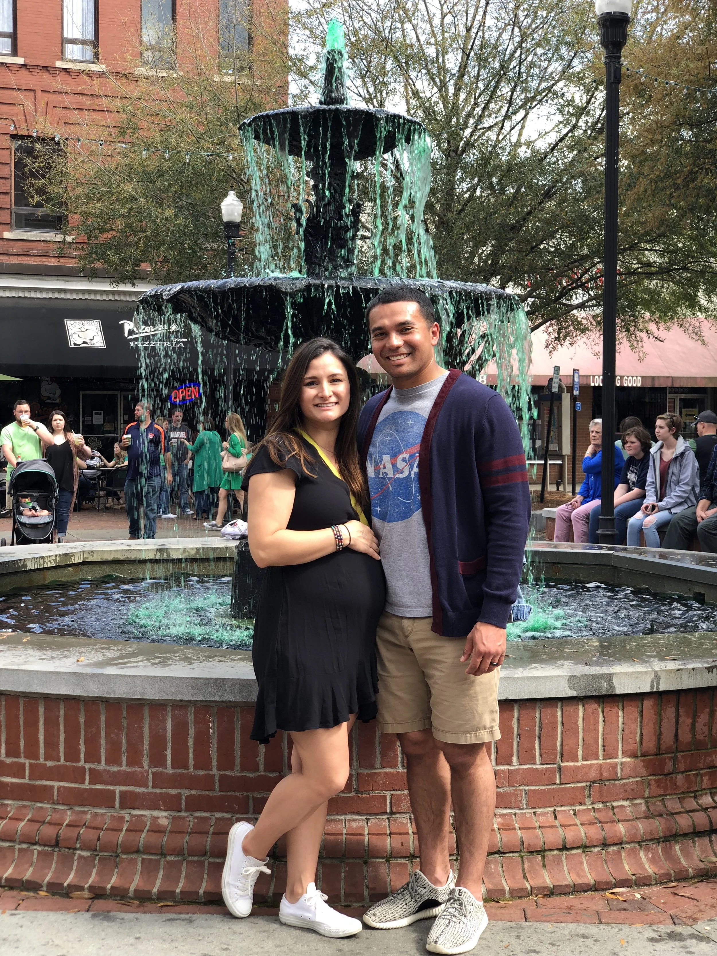 A fountain in the middle of downtown that the town turned GREEN in honor of St. Patrick's Day!