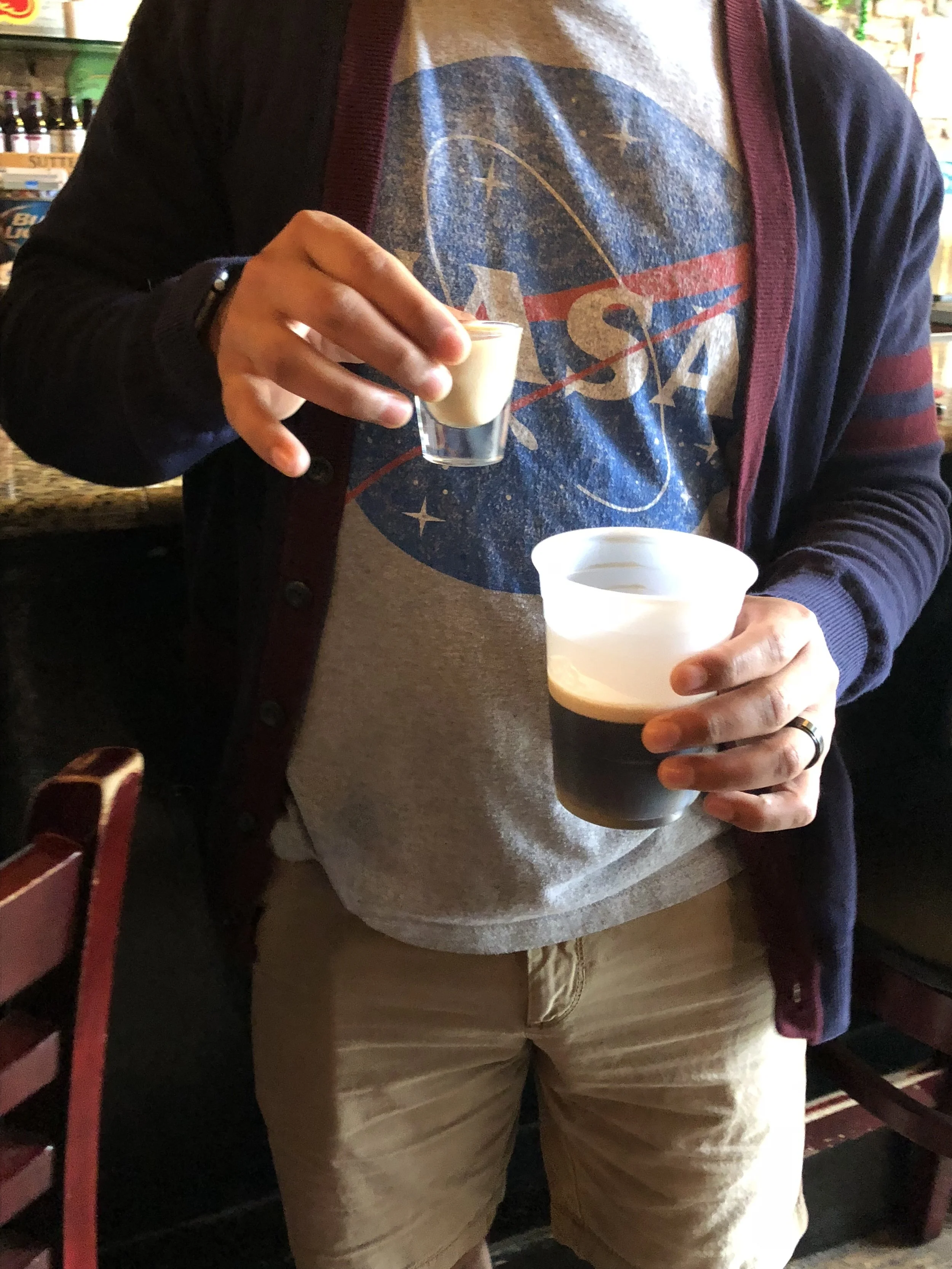 Matthew doing an Irish Car Bomb because those were/are our favorite things and even though I couldn't do it, he could!&nbsp;