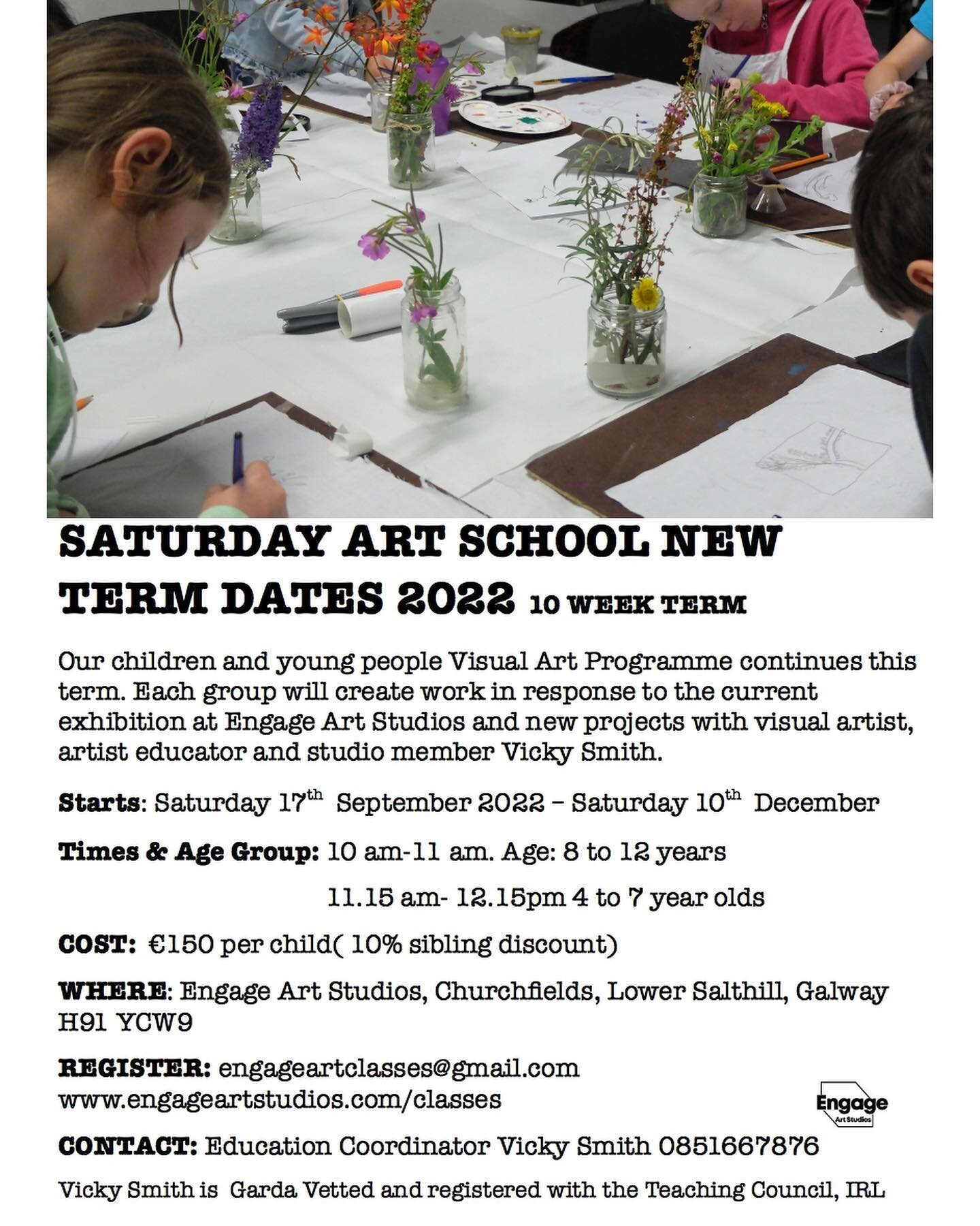 Engage Art Studios art workshops for children and adults starts this September with visual artist @vickysmith.ie and @tadhg.o 
Register: www.engageartstudios.com/classes
Enquiries: Education Coordinator 0851667678.
Email:engageartclasses@gmail.com

.