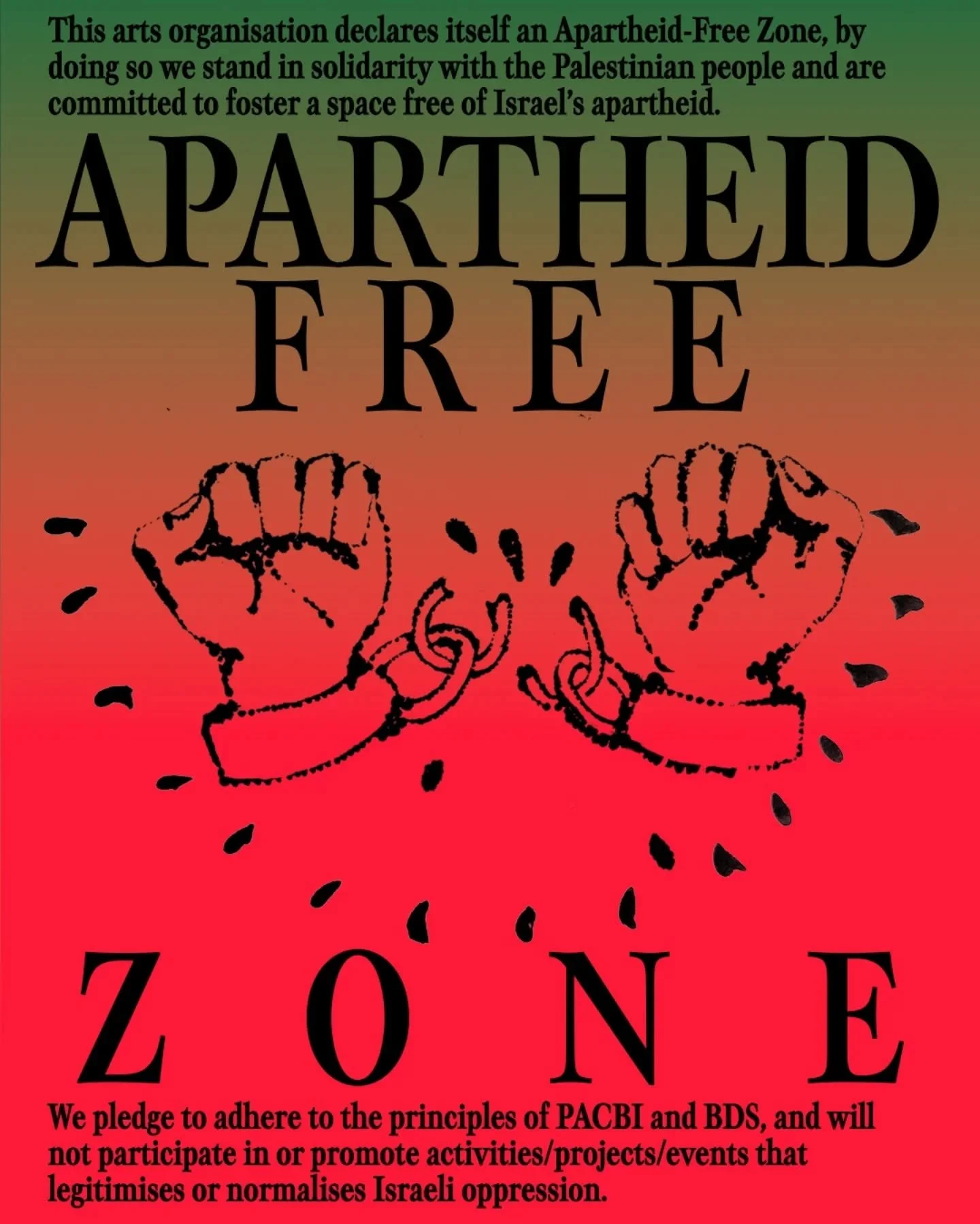 Engage is proud to declare our space an Apartheid Free Zone.  This means we are pledging to publicly support the global Boycott, Divestment and Sanctions (BDS) campaign that aims to help Palestinians win their freedom by targeting companies, or pract