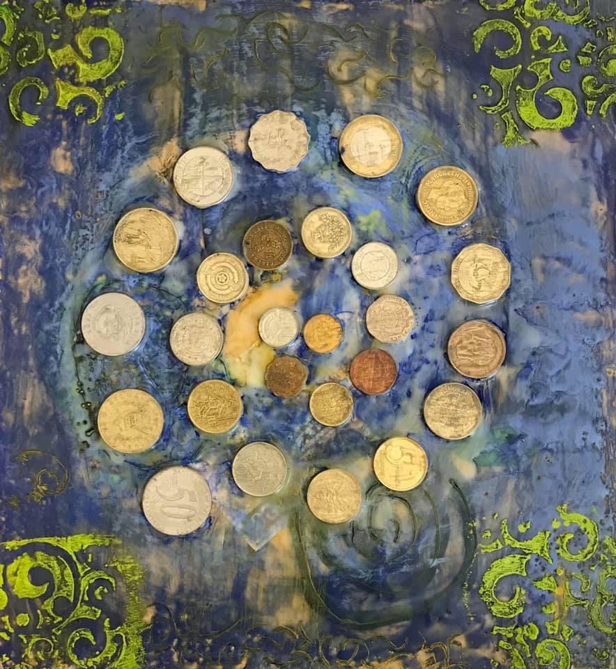 encaustic piece with foreign coins