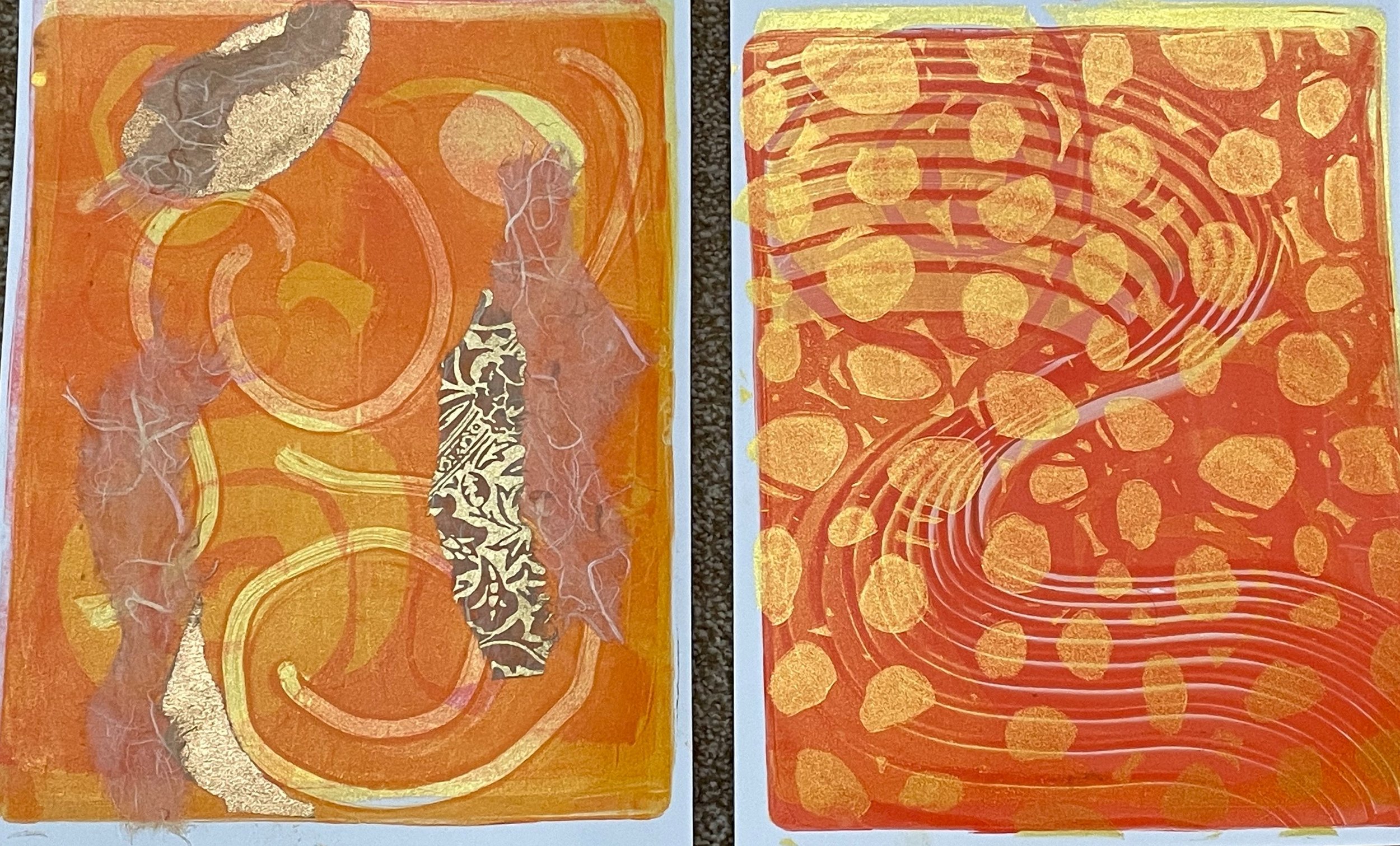  left one has some fancy paper collaged in.  used a lot of gold paint — kept feeling drawn to the luminescence . right one uses some stencils. 
