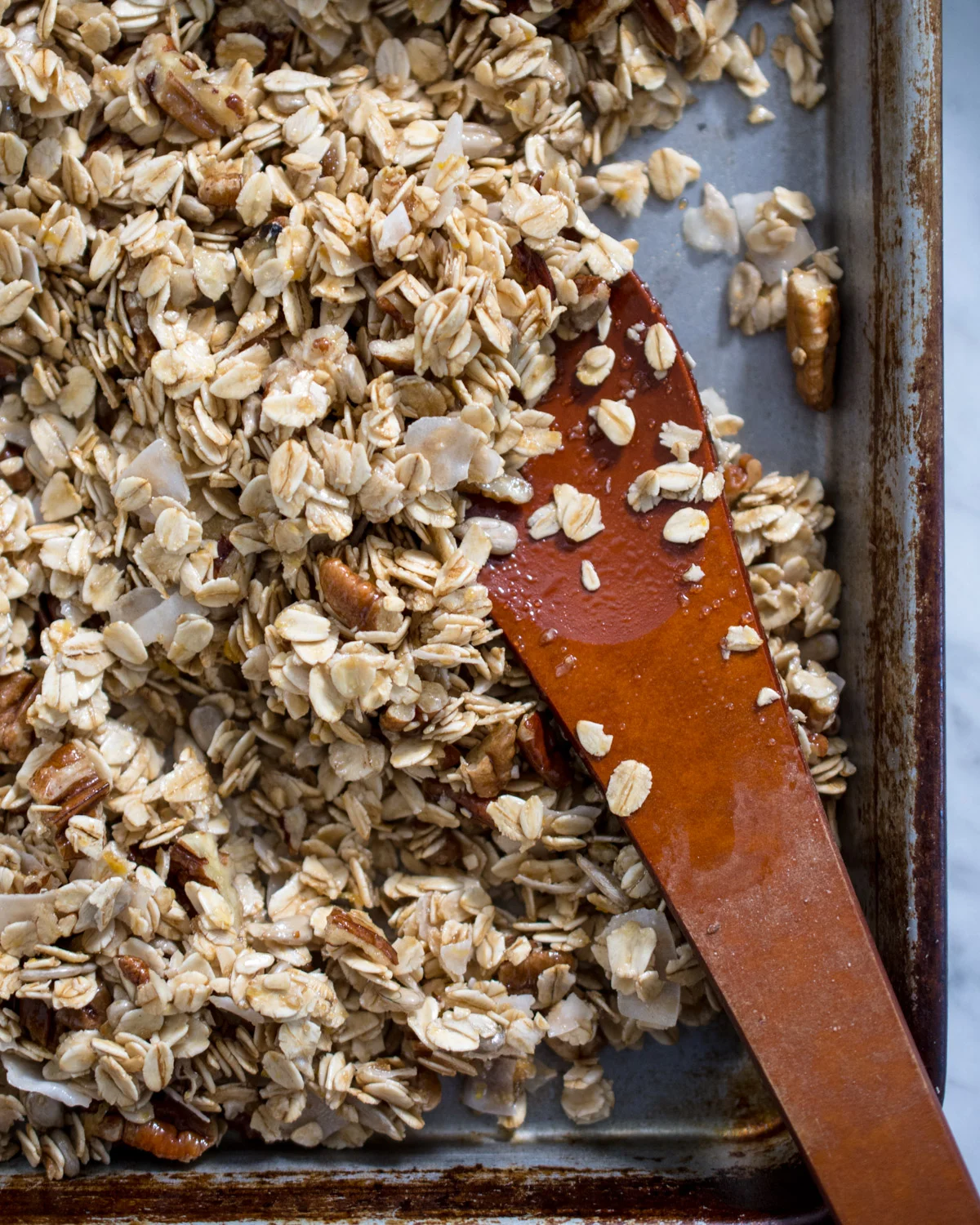 Lemon pecan granola, ready for roasting.