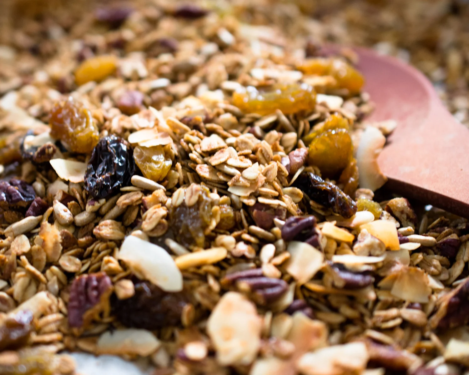Lemon pecan granola, fresh out of the oven and ready to eat.