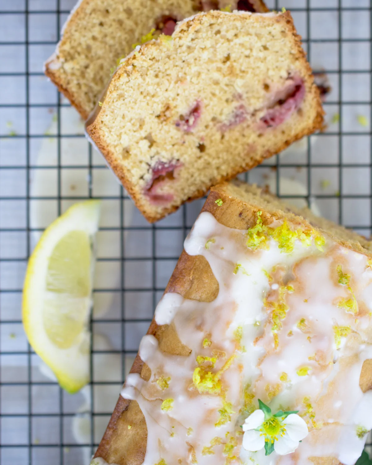 Sliced and just glazed, Lemon Strawberry Cake.