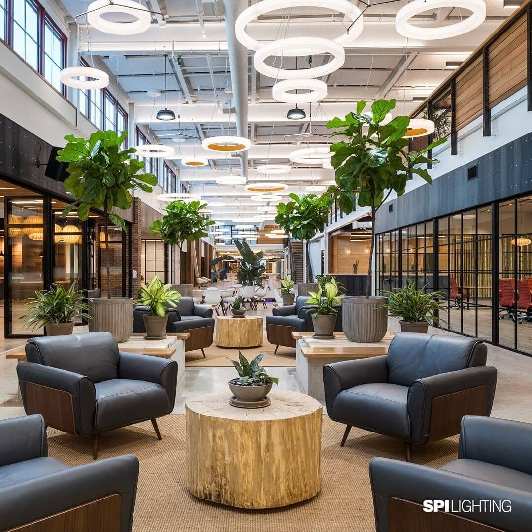 Welcome inside Hula Lakeside, an exciting (and beautifully lit) new coworking campus designed by SAS Architects. Novato Rings (RGBW) by SPI Lighting are a focal point of the gathering space.

SAS Architects (Burlington, VT)
Lighting Agent: Visible Li