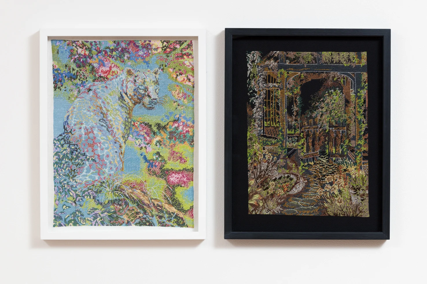 'Leopard's Gaze Garden Gate', Counted cross-stitch pair.