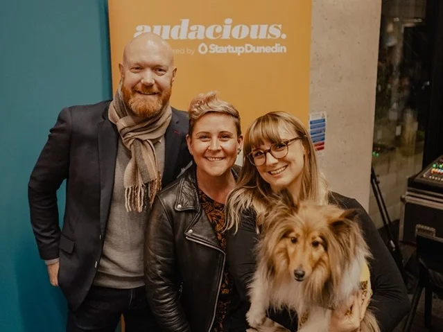 Product innovation winner, Hannah Rasmussen with Mango the Dog and Rebecca and Paul Twemlow from Firebrand.
