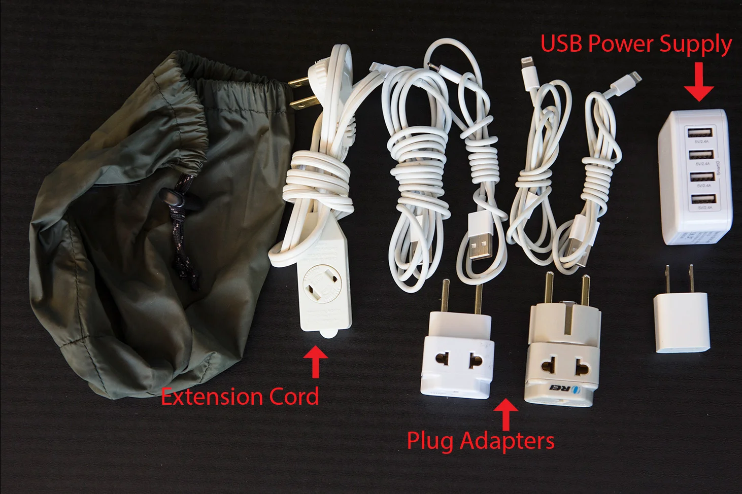 Ken's tech gear. The extension cord comes in very handy when the outlet is inconveniently located. The USB power supply allows us to charge all our devices at the same time. Note that the plug adapters have two outlets, top and front. Also useful