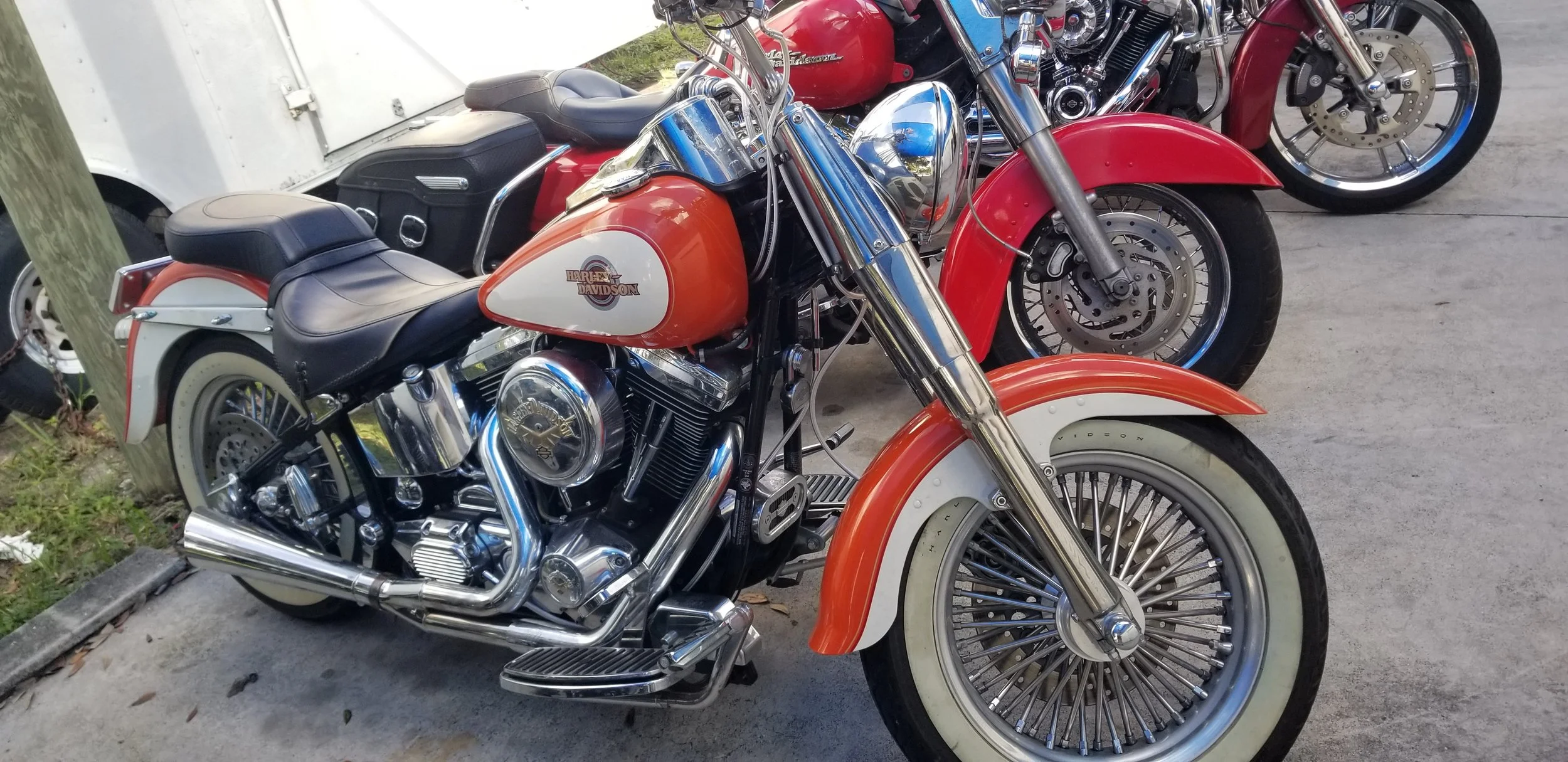  Josh Mancebo 1998 Soft Tail Orange &amp; White  When I fist walked up on this Softail I thought nice bike Nice Vintage tires. He asked me if they needed replacement I said I would look after I got it to the shop .As soon as I looked at back tire wit