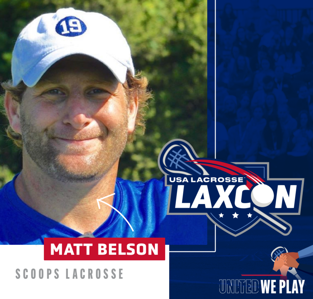 Portrait of Matt Belson in a blue lacrosse jersey and white cap with the number 19, promoting USA Lacrosse LaxCon, with a crowd image and slogan 'United We Play' in the background.