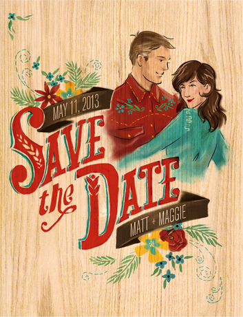  Hand drawn Save The date postcards printed on real wood 