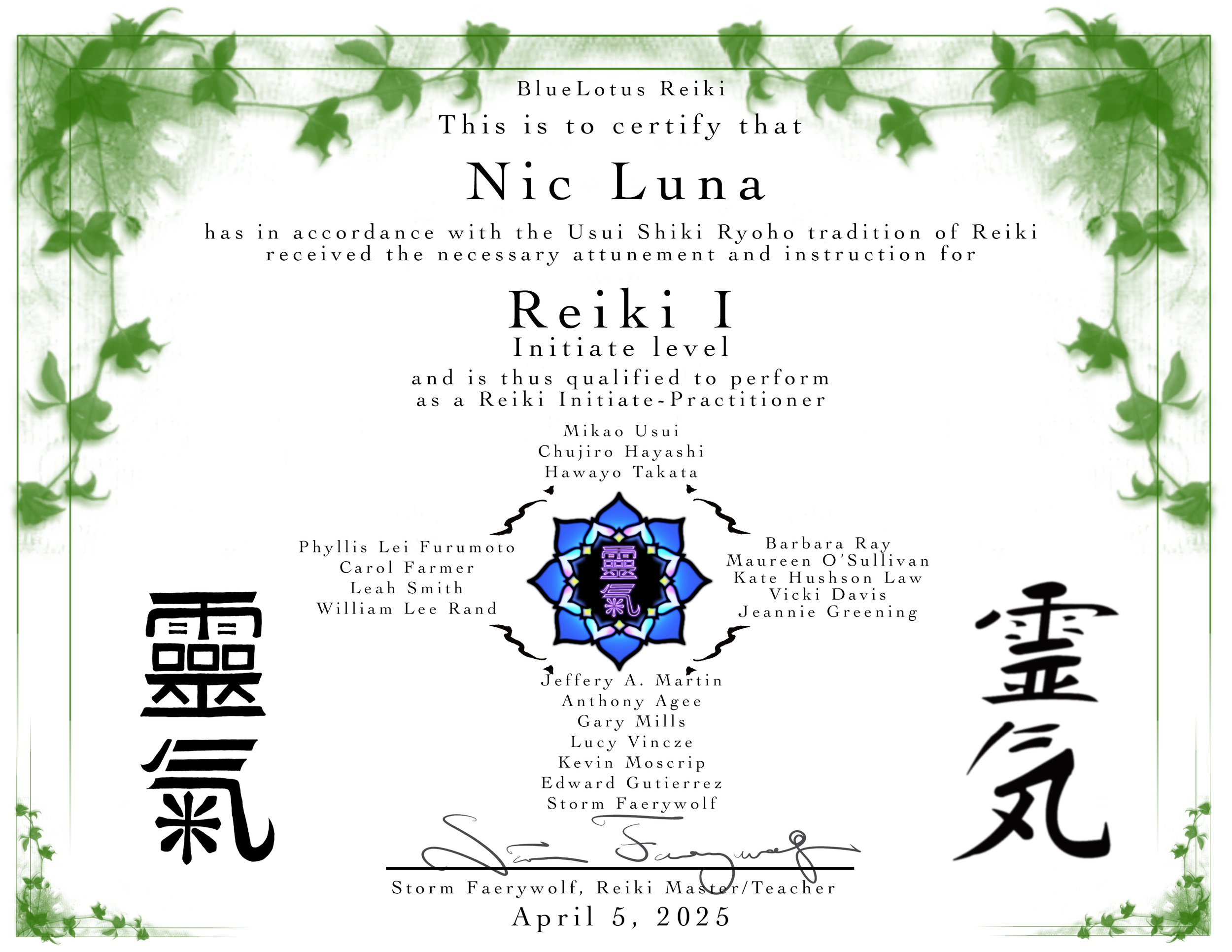 A certificate showing that Nic Luna has received the necessary attunement and instructions for Reiki I Practitioner level.