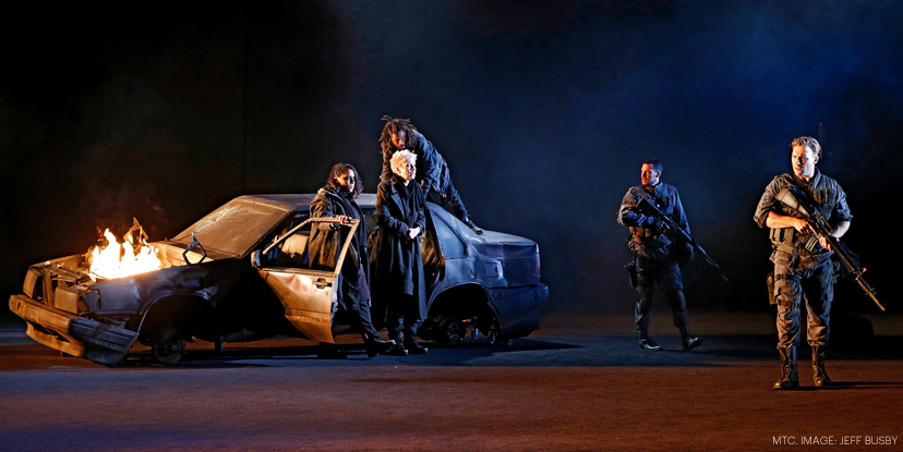 Jai Courtney (Macbeth), Kevin Hofbauer (Banquo), Kamil Ellis, Shareena Clanton and Jane Montgomery Griffiths (the three witches), photograph by Jeff Busby