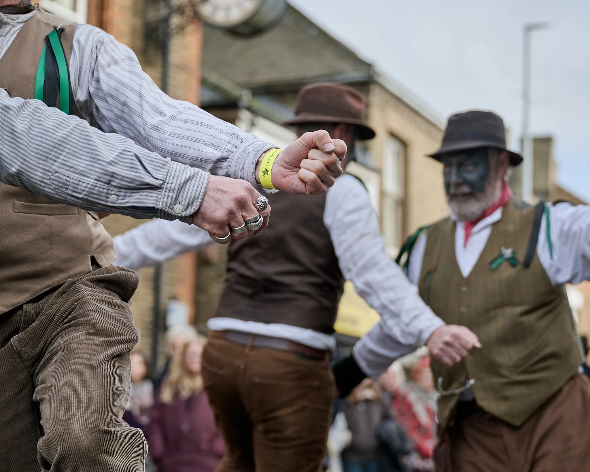 Documentary fieldwork photograph of Old Glory Morris in Whittlesey, showing their uniquely aggresive molly dancing style