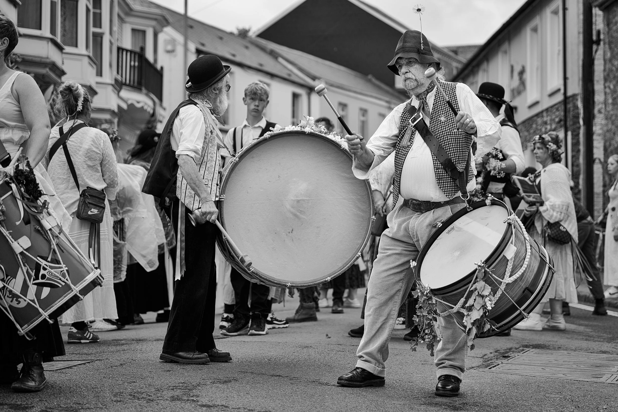Documentary fieldwork photograph of Hunting the Earl of Rone in Coombe Martin, showing the Earl of Rone Drummers