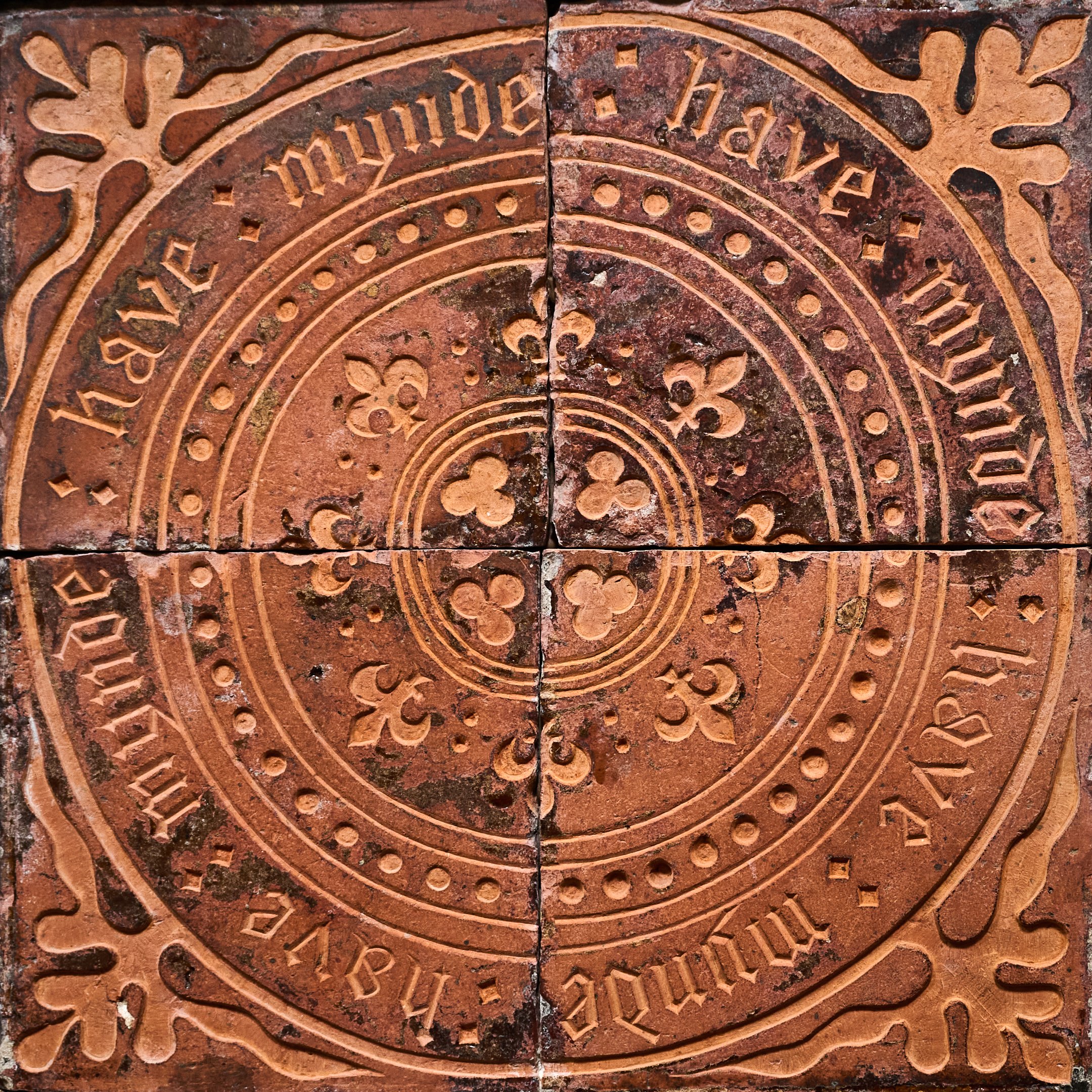 This documentary fieldwork photograph shows ‘Have Mynde’ tiles: A 15th-century type made in the Newbury area. The motto expresses the inward discipline required to sustain the Hospital of Saint Cross foundation.