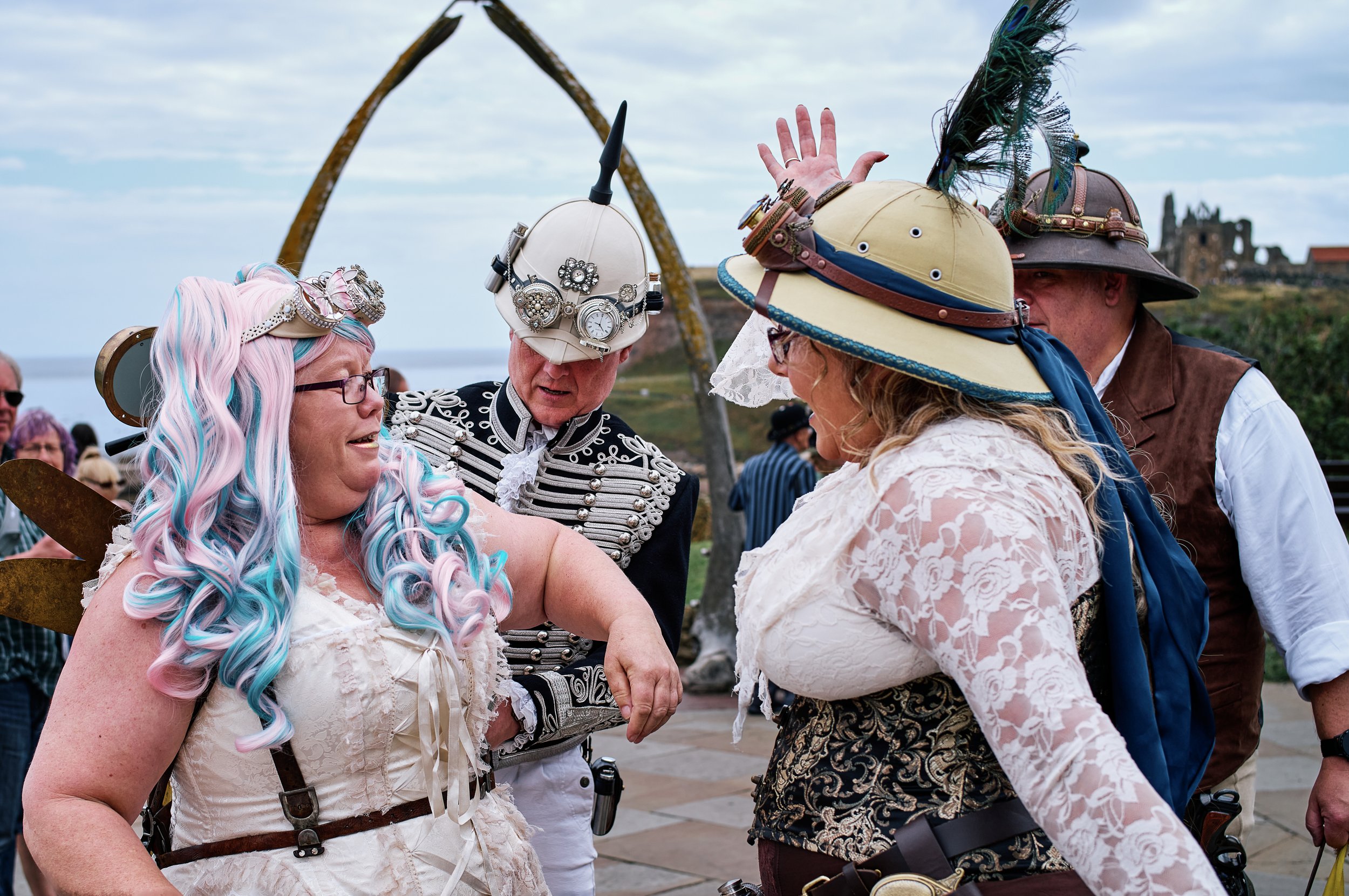 Documentary fieldwork photograph of Steampunk participants in Gothic Whitby, showing Steampunk cosplay