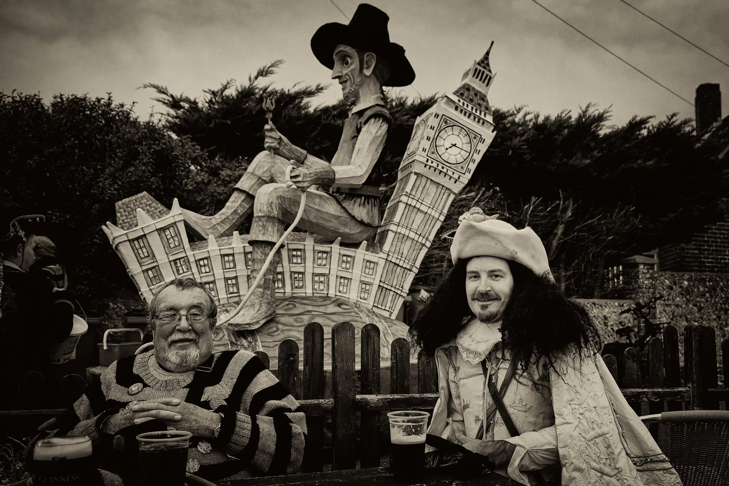 Documentary fieldwork photograph of a Sussex Bonfire Society parade in Seaford, showing the Lord Monteagle with Guy Fawkes