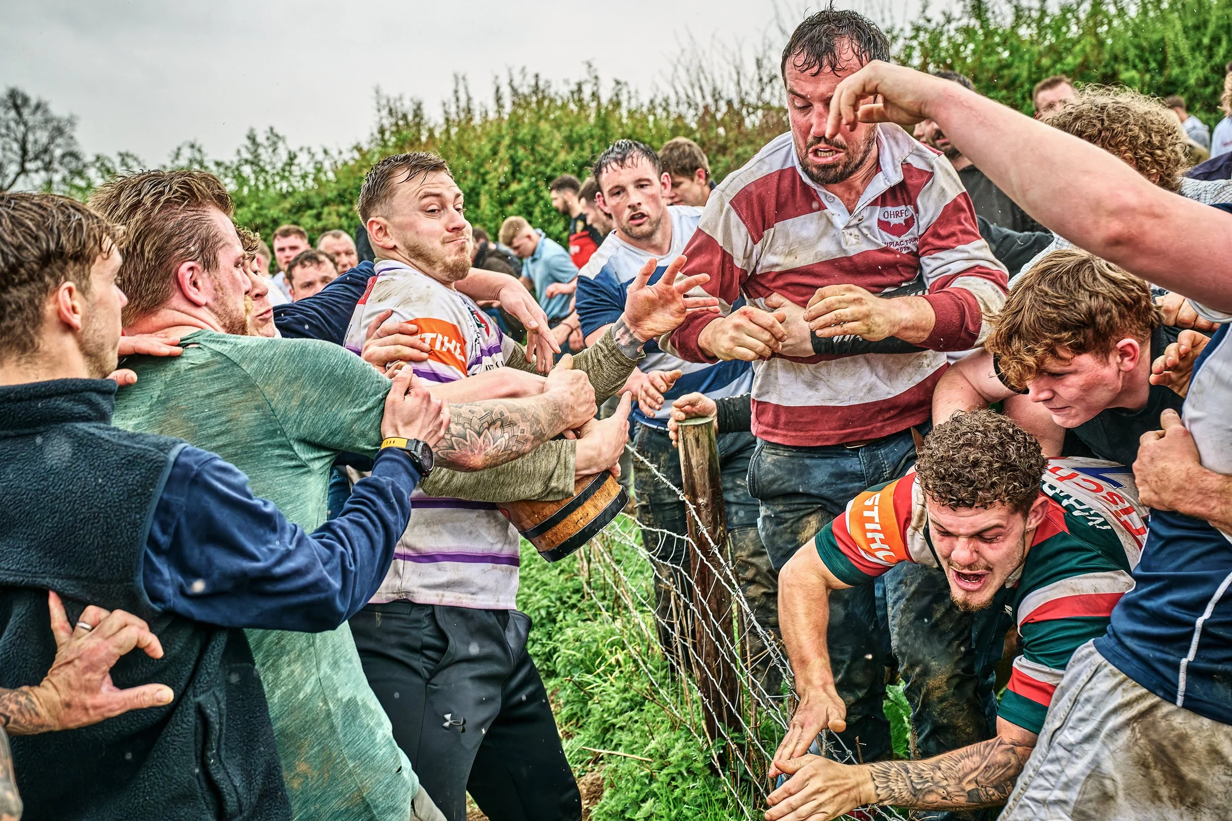 Documentary fieldwork photograph of the ancient Hare Pie and Bottle Kicking Event in Hallaton, showing impaled on barbed wire