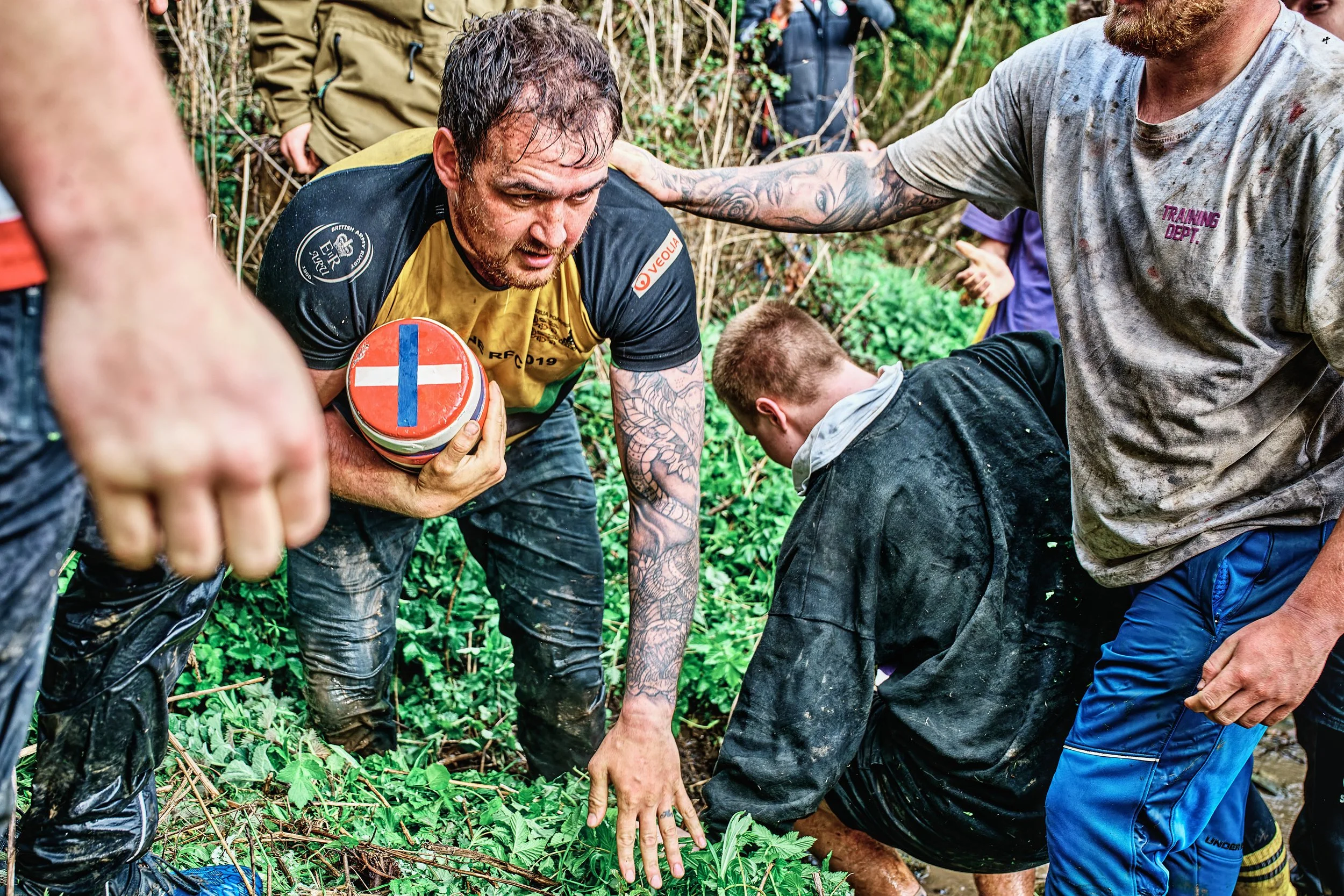 Documentary fieldwork photograph of the ancient Hare Pie and Bottle Kicking Event in Hallaton, showing a Try scored