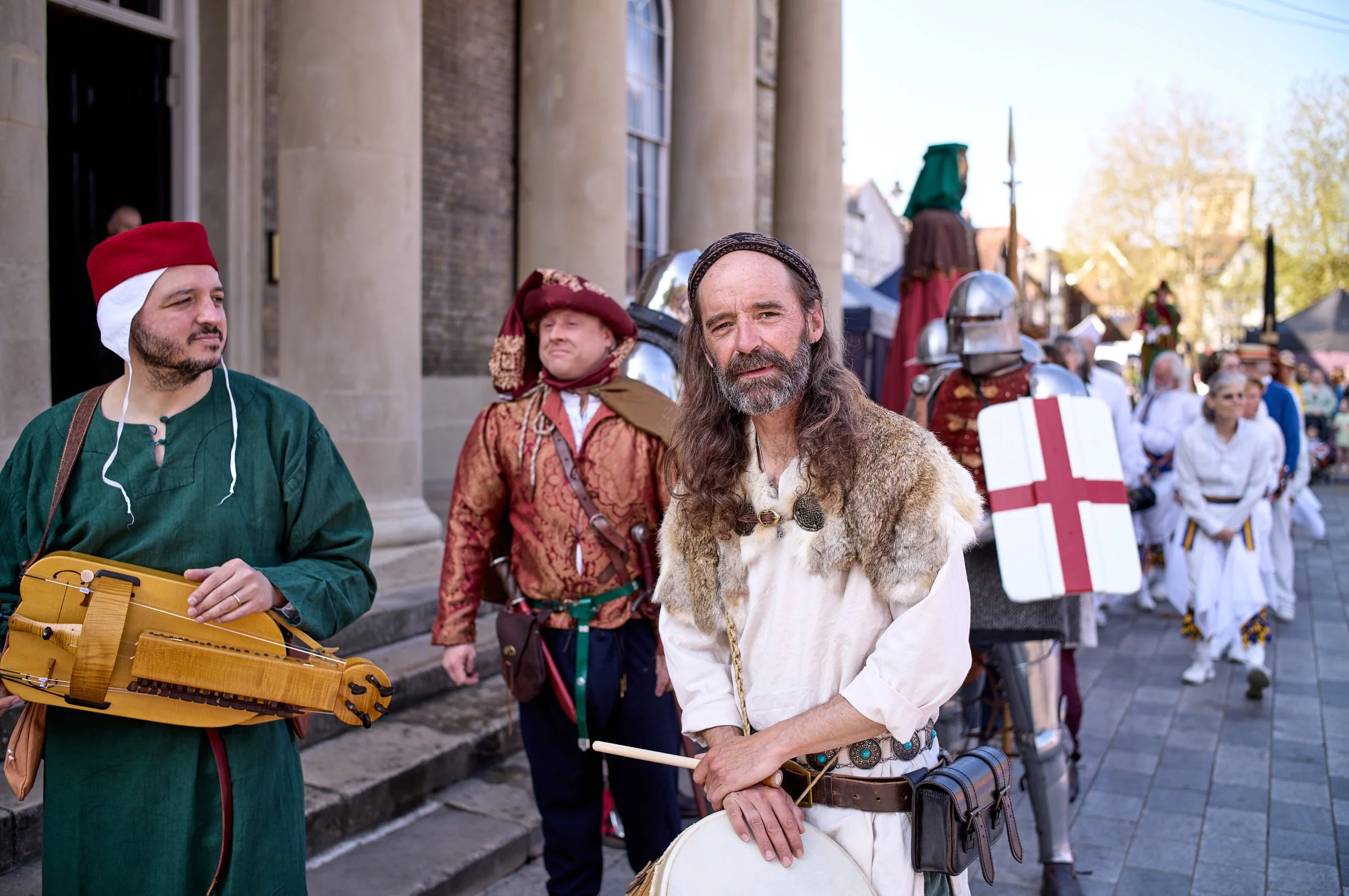Documentary fieldwork photograph of St Georges Day in Salibury, showing Medieval Minstrel's