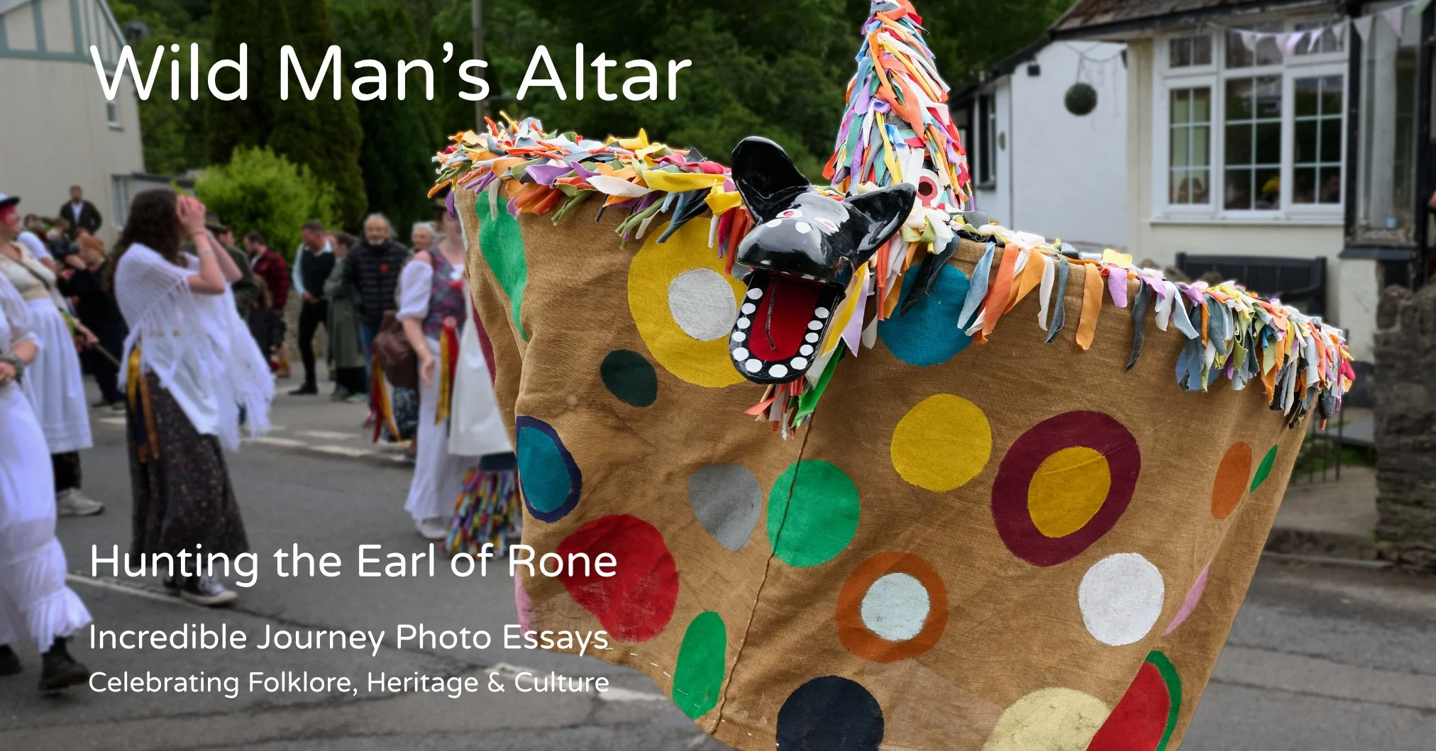 Documentary fieldwork photograph of Hunting the Earl of Rone in Coombe Martin, showing the Hobby Horse in dance