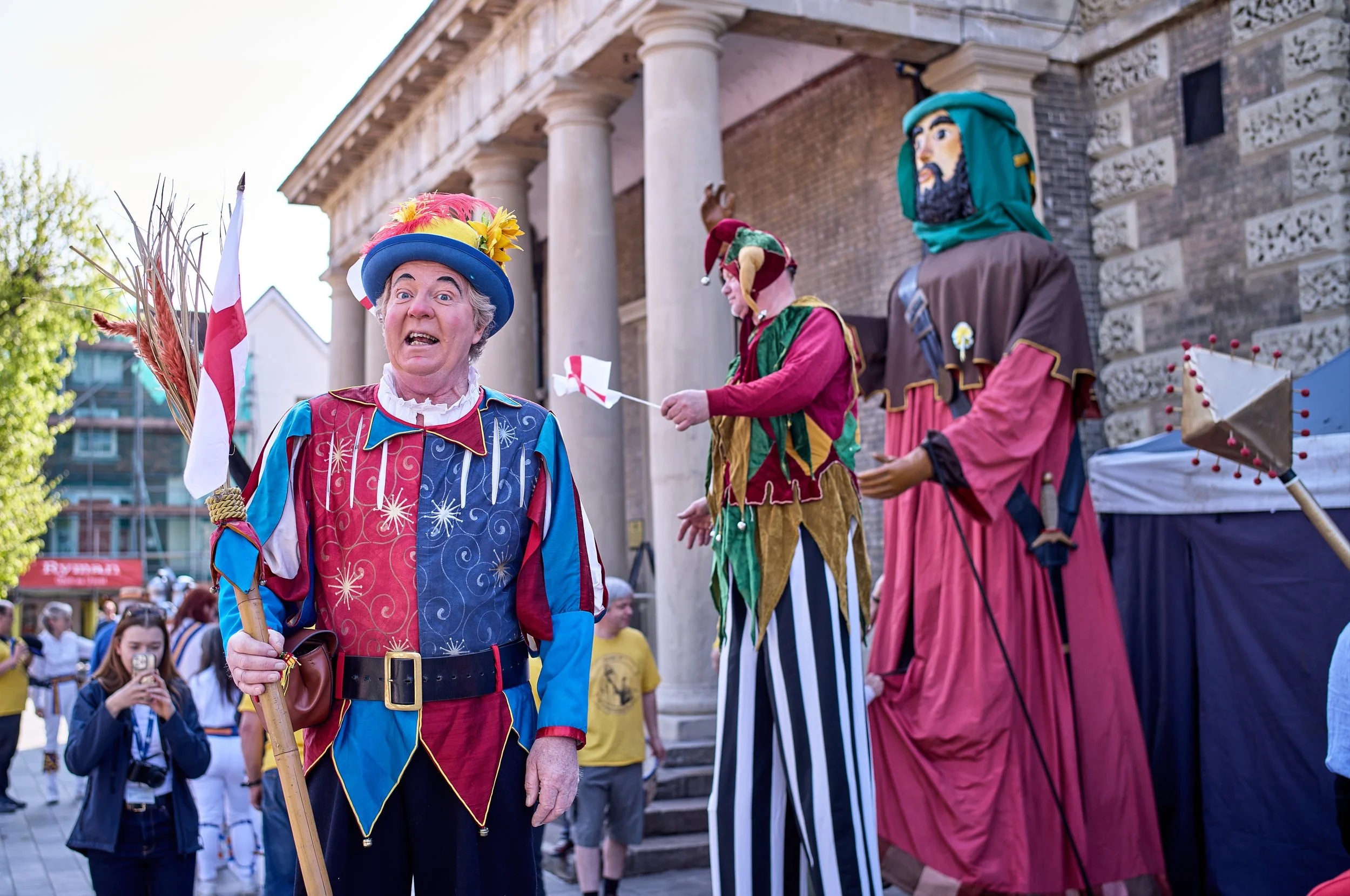 Documentary fieldwork photograph of St Georges Day in Salibury, showing The Jester
