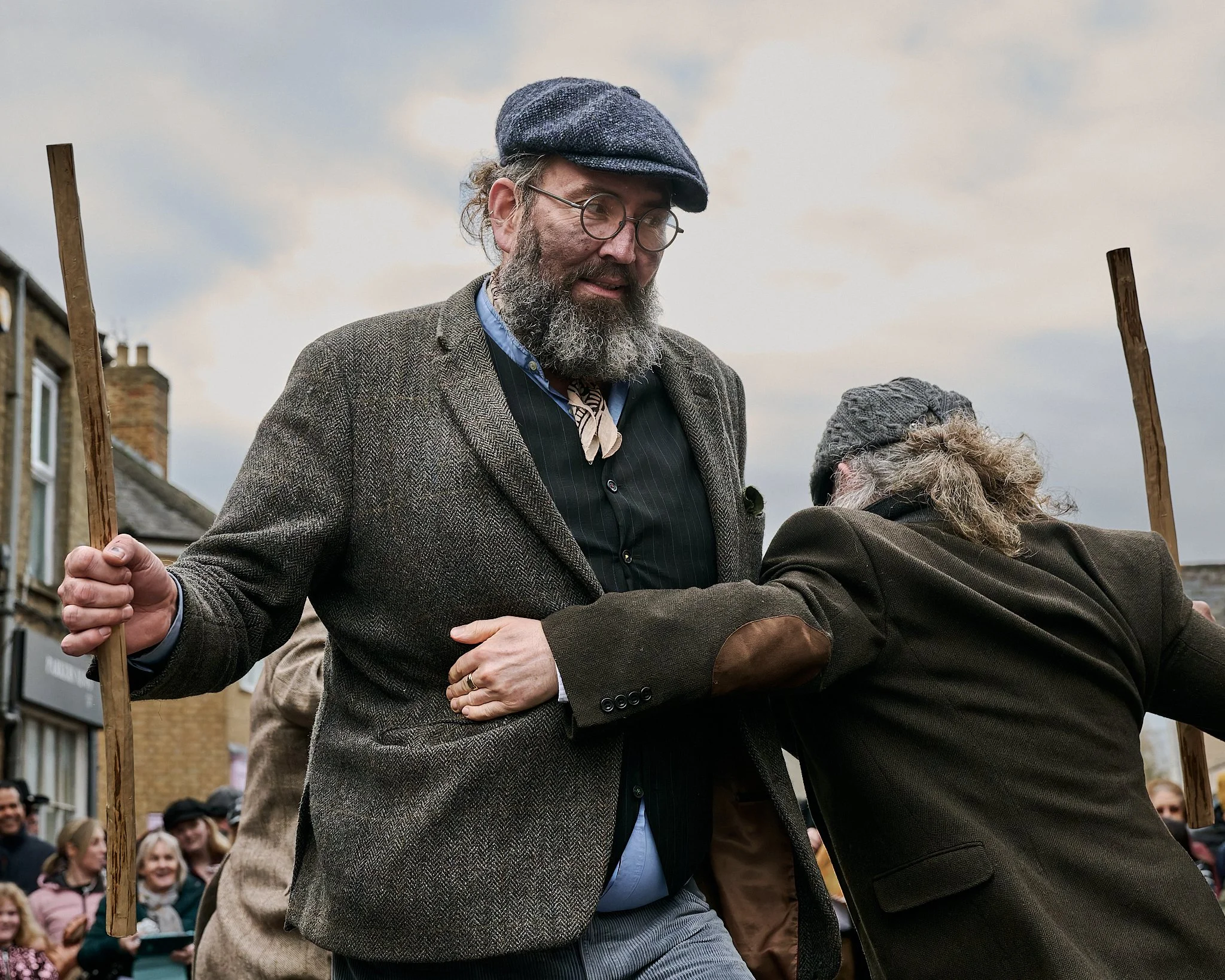 Documentary fieldwork photograph of Tylers Men Morris in Whittlesey, showing Molly style dancing