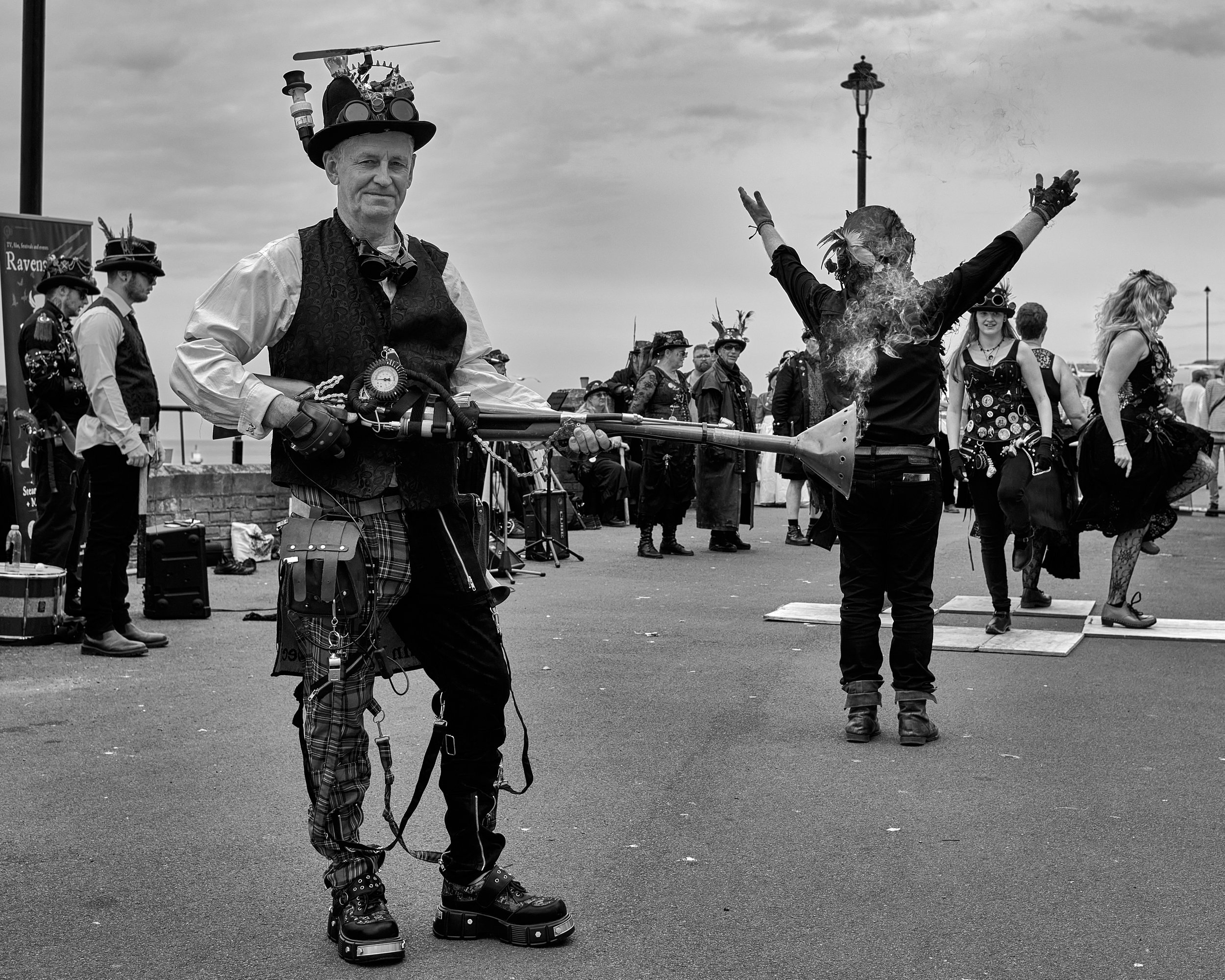 Documentary fieldwork photograph of Steampunk participants in Gothic Whitby, showing a Blunderbuss firing participant