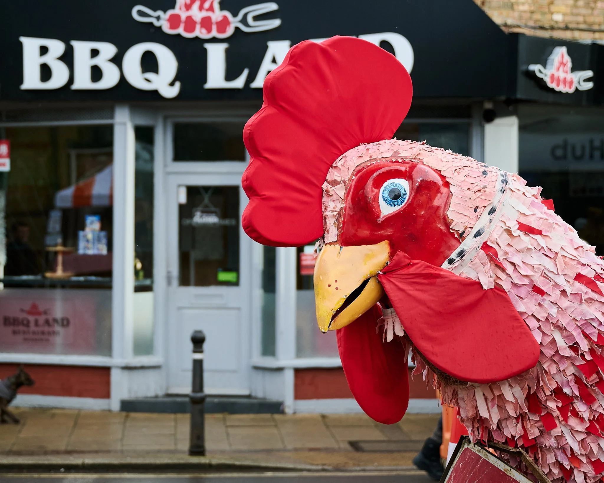 Documentary fieldwork photograph of Peterborough Morris' Guising Cockerel in Whillesey, showing the Cockerel posing before a BBQ chicken restaurant