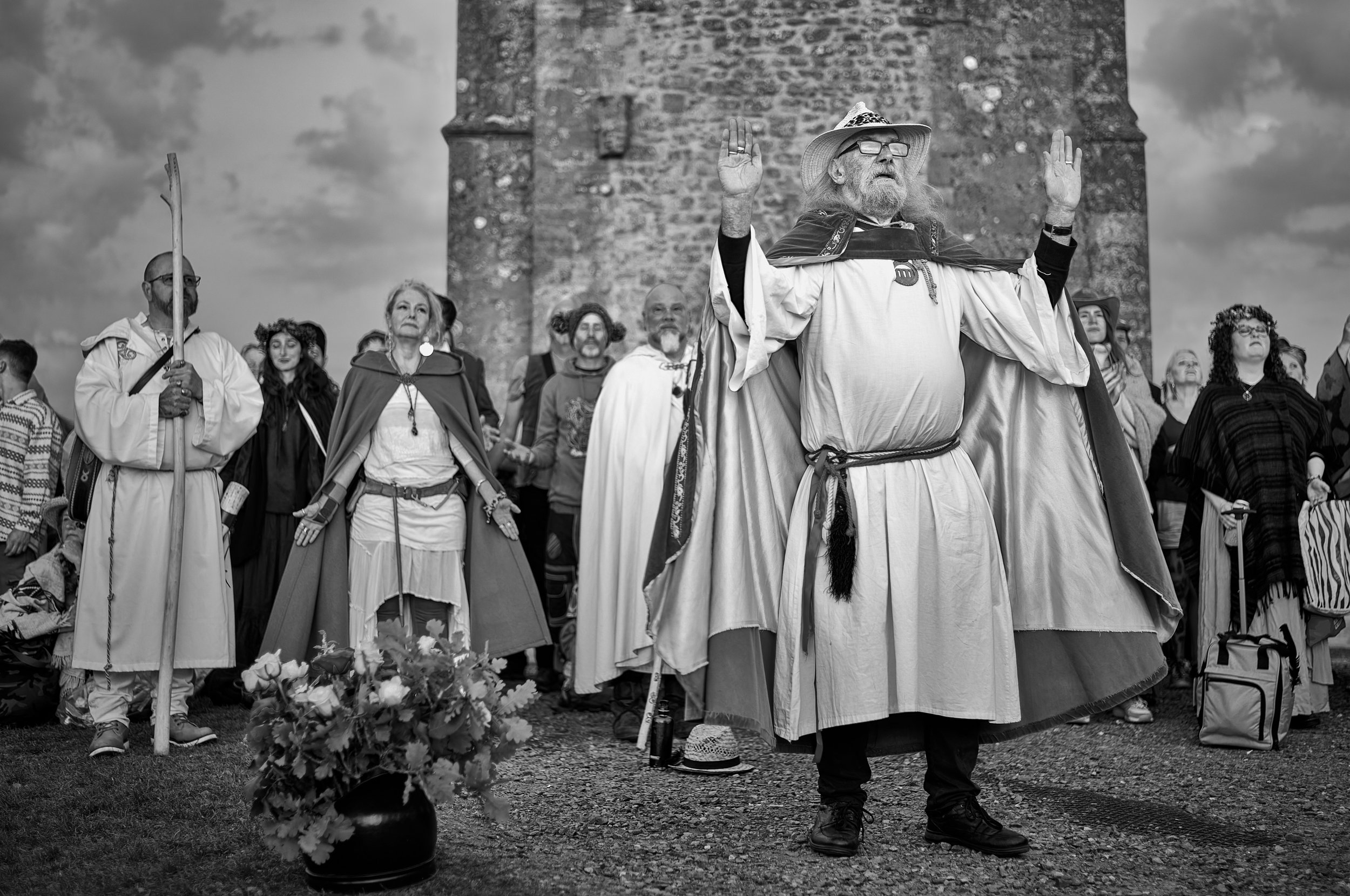 Documentary fieldwork photograph of Beltane in Glastonbury Tor, showing Rollo Maughfling leading the sunrise ceremony