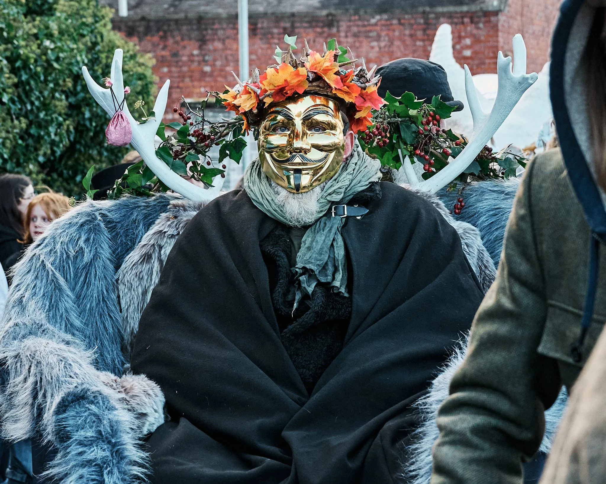 Documentary fieldwork photograph of Celtic Samhain Wild Hunt in Glastonbury, showing the Lord of the Underworld