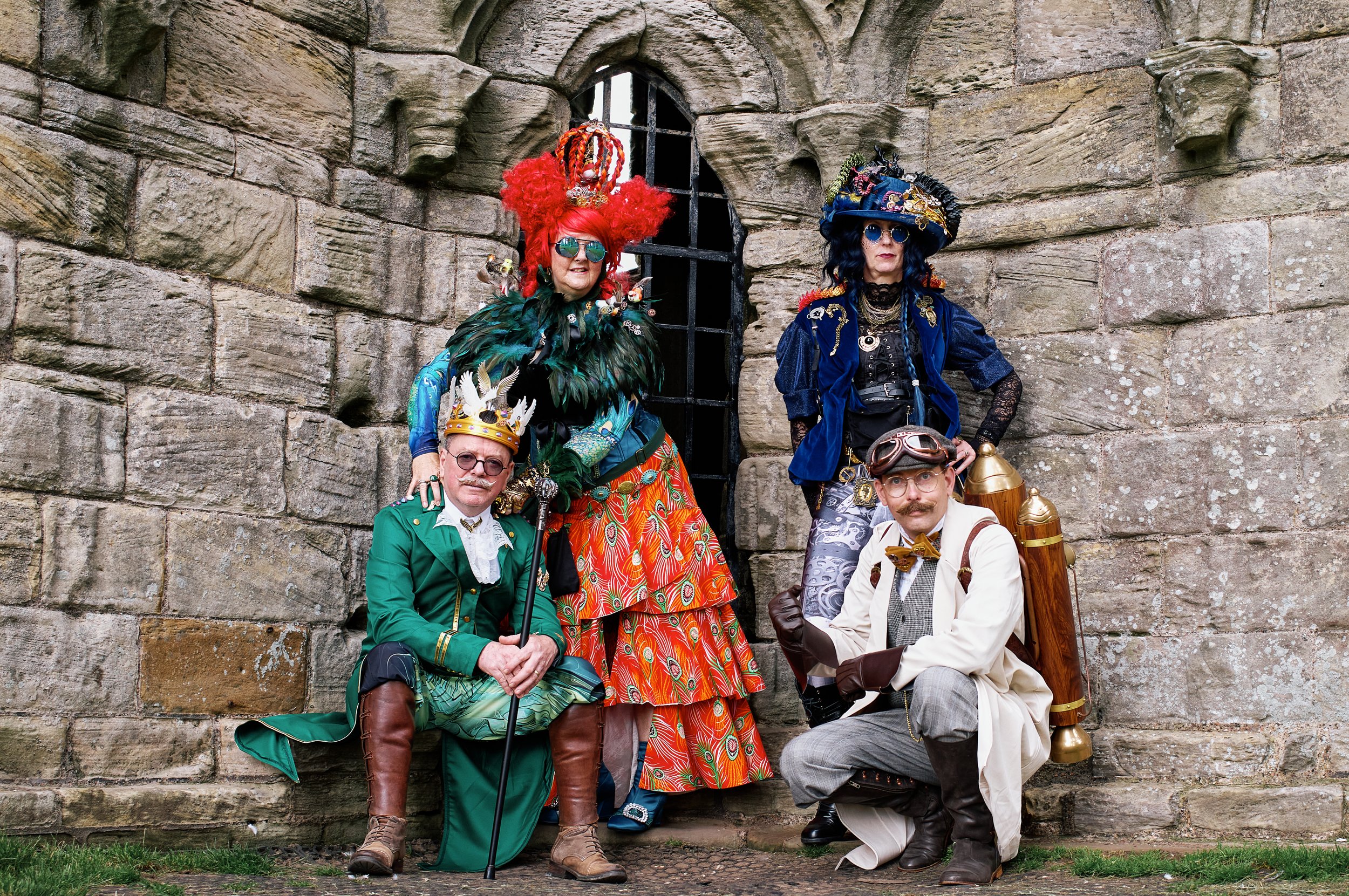 Documentary fieldwork photograph of Steampunk participants in Gothic Whitby, showing imaginative cosplay inside Whitby Abby
