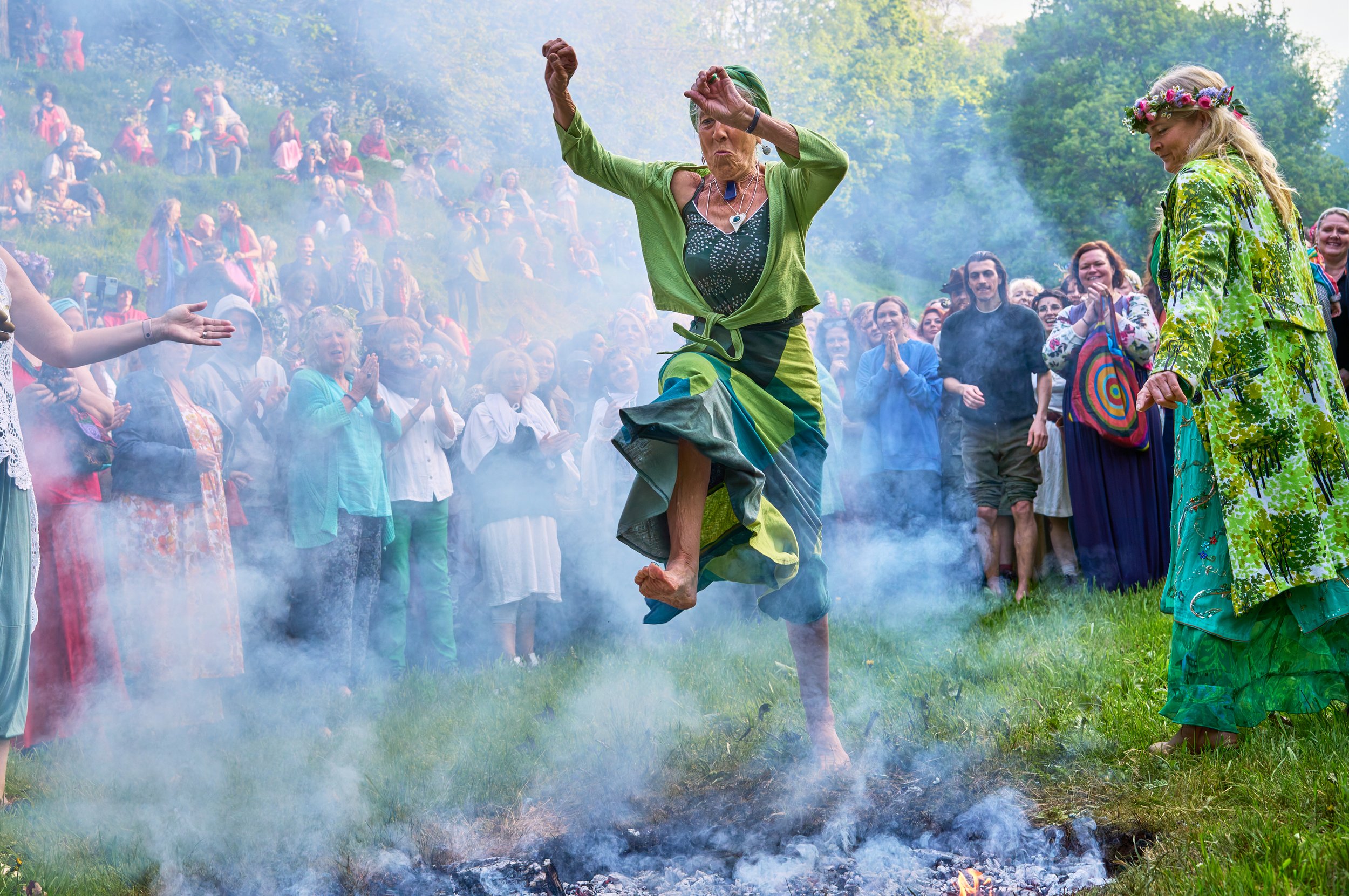 Documentary fieldwork photograph of Beltane in Glastonbury, showing Fire Leaping