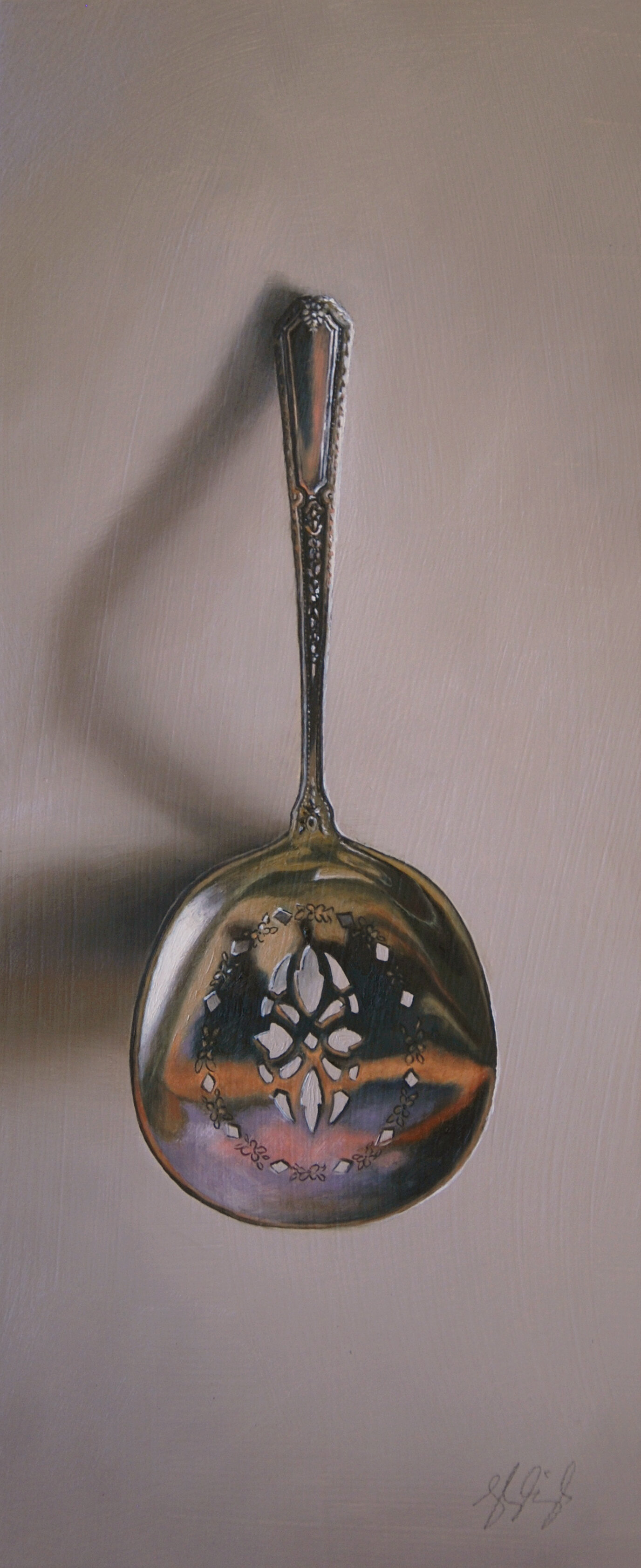   Silver Spoon #171, The Listener  Oil on panel, 2020. 12x5” 