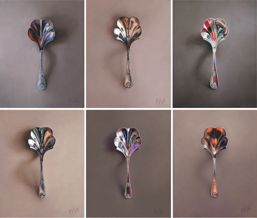   Silver Spoon #70, The Tastemaker Silver Spoon #97, The Jester Silver Spoon #71 The Sideshow Silver Spoon #98, The Rascal Silver Spoon #99, The Damsel Silver Spoon #100, The Rube  Oil on panel, 2015. 7x5.5” 
